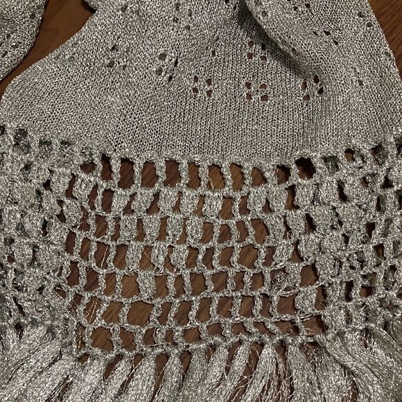 Metallic Silver Fringed Long Scarf /Wrap with open work detail. - Picture 2 of 5